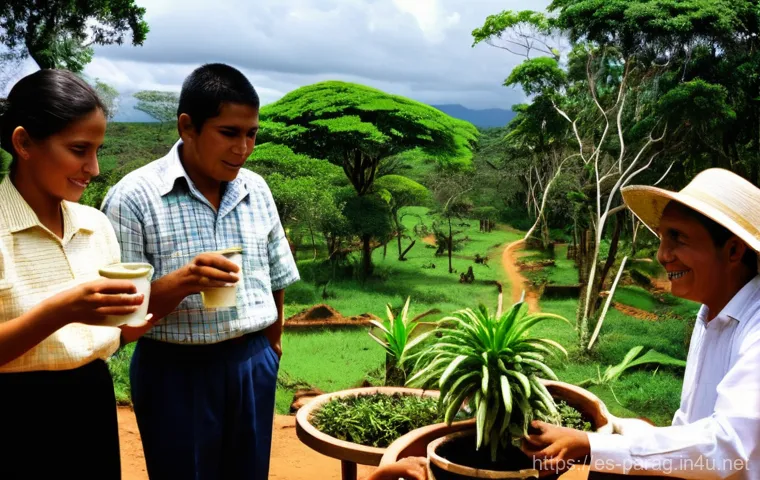 과라니족과 파라과이 문화 - **"Tereré Circle in a Paraguayan Patio"**
A group of diverse Paraguayan adults, ranging from you...